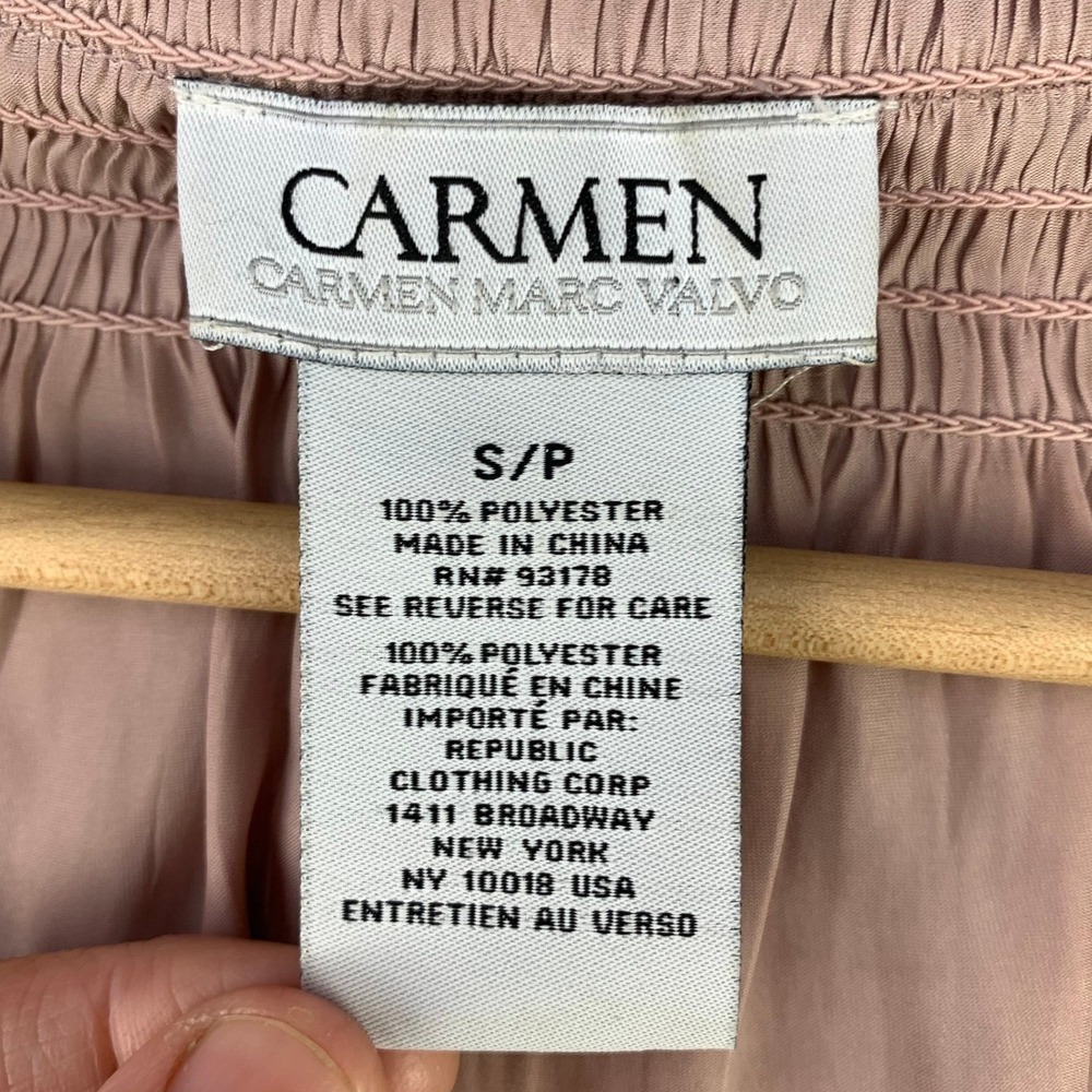 Carmen‎ Marc Valvo Blouse Women S Pink Satin Smocked Ruffle V-Neck Peasant Top - Picture 4 of 9
